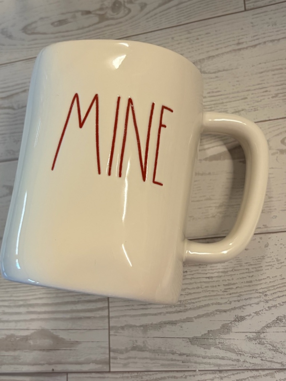 Rae Dunn Cream Ceramic Mug with Red 'MINE' Lettering
